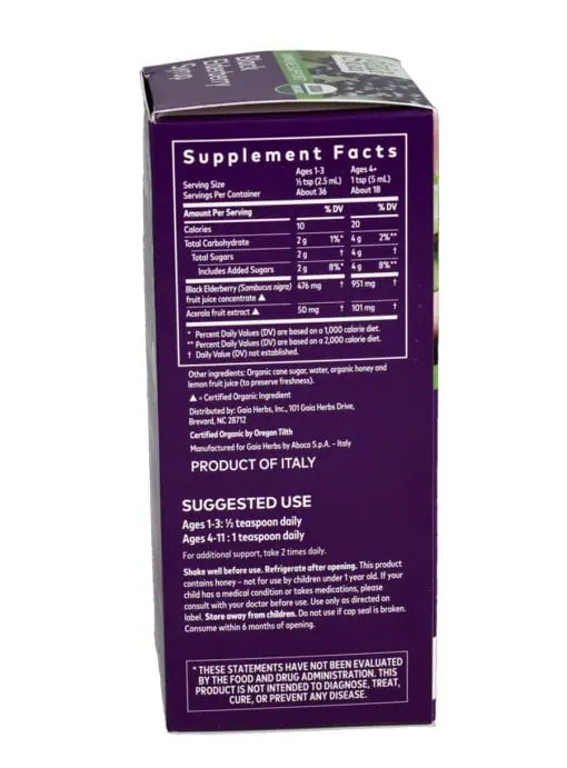 Gaia Herbs Kids Black Elderberry Syrup for immune support with organic elderberry and acerola
