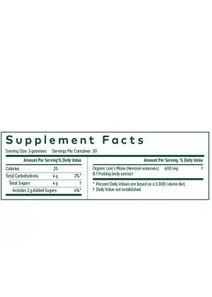 Gaia Herbs Lion’s Mane PRO supplement facts with 600 mg 8:1 mushroom extract per serving