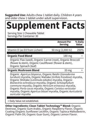 Organics Vegan D3 2,000 IU Raspberry Lemon 30 Chewables 11 organic mushrooms