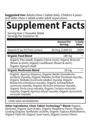 Organics Vegan D3 2,000 IU Raspberry Lemon 30 Chewables 11 organic mushrooms