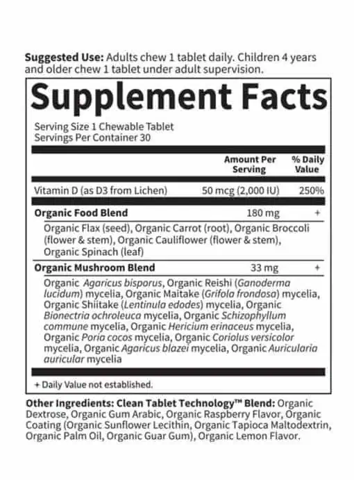 Organics Vegan D3 2,000 IU Raspberry Lemon 30 Chewables 11 organic mushrooms