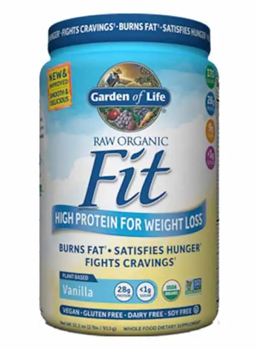 Garden of Life Sport Raw Organic Fit Vanilla protein powder – plant-based meal replacement with 28g organic protein, probiotics, fiber, green coffee bean, and ashwagandha