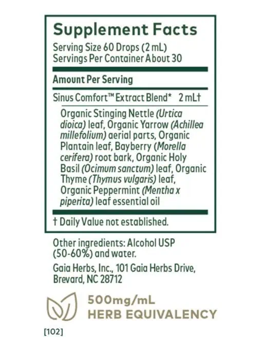 Gaia Herbs Sinus Comfort supplement with organic herbal extract blend