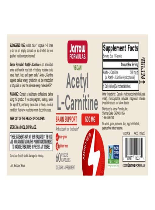 Jarrow Formulas Acetyl L-Carnitine 500mg -- brain health, energy production - Back
