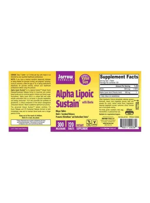 Jarrow Formulas Alpha Lipoic Sustain 300mg -- antioxidant support, glucose metabolism - Back