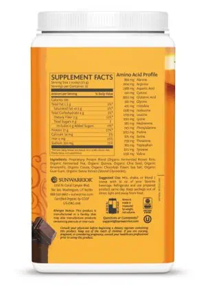 Sunwarrior Classic Plus Protein Chocolate -- plant-based protein, superfood blend - Back