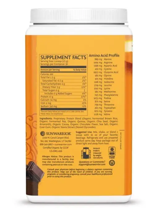 Sunwarrior Classic Plus Protein Chocolate -- plant-based protein, superfood blend - Back