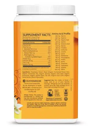 Sunwarrior Classic Plus Vanilla -- plant-based protein, superfood blend - Back