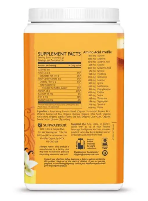 Sunwarrior Classic Plus Vanilla -- plant-based protein, superfood blend - Back