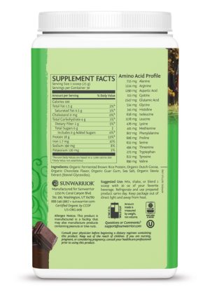 Sunwarrior Classic Protein Chocolate -- plant-based protein, organic ingredients - Back