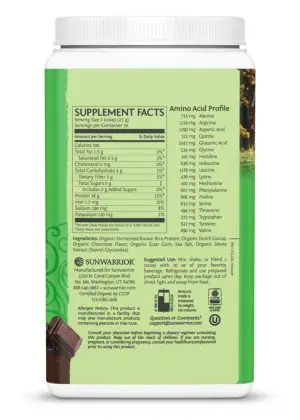 Sunwarrior Classic Protein Chocolate -- plant-based protein, organic ingredients - Back