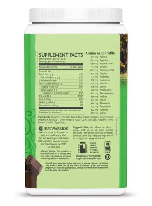 Sunwarrior Classic Protein Chocolate -- plant-based protein, organic ingredients - Back