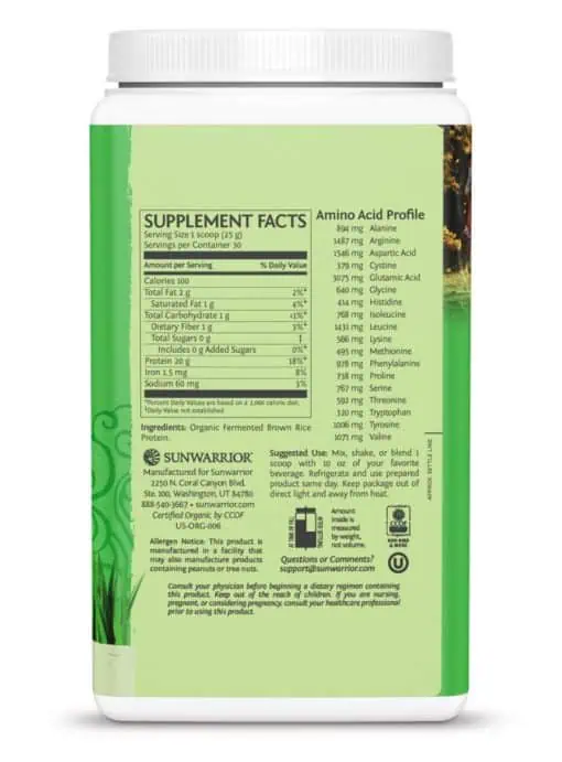 Sunwarrior Classic Protein Natural -- plant-based protein, hypoallergenic protein - Back