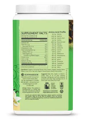 Sunwarrior Classic Protein Vanilla -- plant-based protein, easy digestion - Back