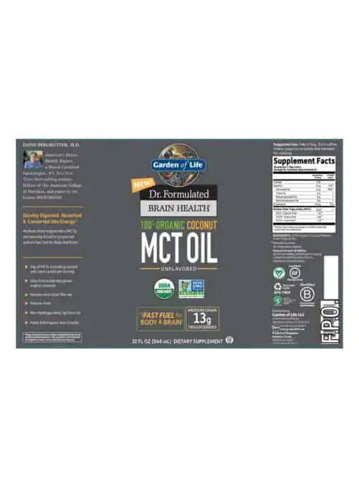 Garden of Life Dr. Formulated Brain Health — Organic Coconut MCT Oil, Fast Fuel for Body & Brain - Back