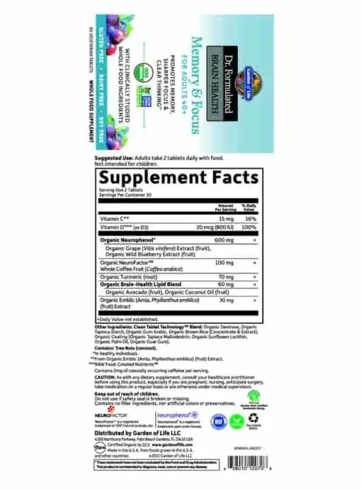 Garden of Life Dr. Formulated Brain Health — Memory & Focus, Brain Support - Back