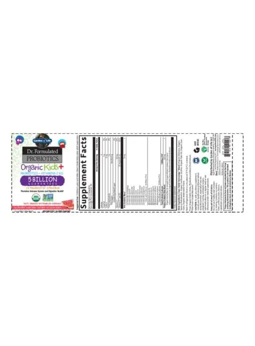 Dr. Formulated Probiotics Organic Kids+ — Probiotics, Vitamins C & D - Back
