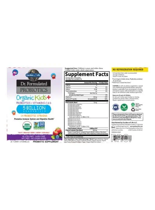 Garden of Life Dr. Formulated Probiotics Organic Kids+ 5 Billion CFU — Probiotics, Kids Health - Back