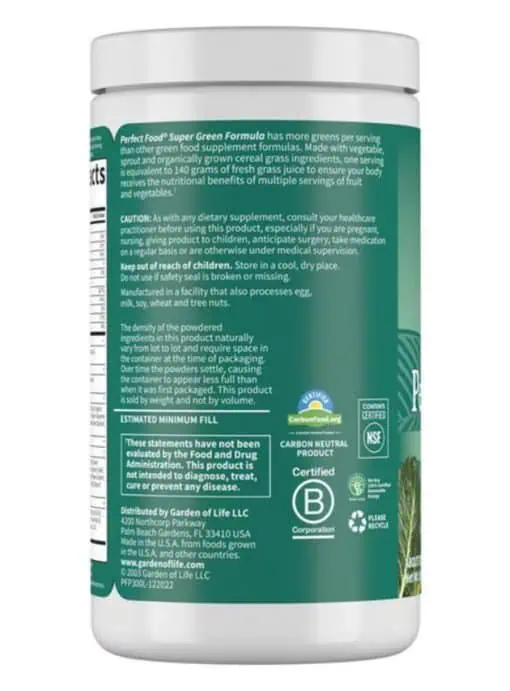 Garden of Life Perfect Food Super Green Formula — Nutrient-Dense Superfoods, Probiotics - Back