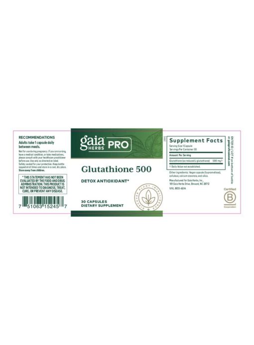 Gaia Herbs Glutathione 500 — Detox Antioxidant, Vegan Supplement - Back