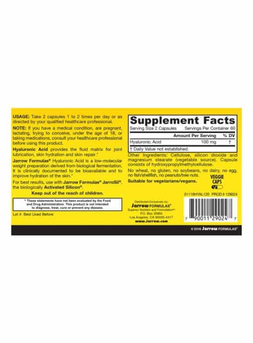Jarrow Formulas Hyaluronic Acid 120mg -- skin hydration, joint support - Back
