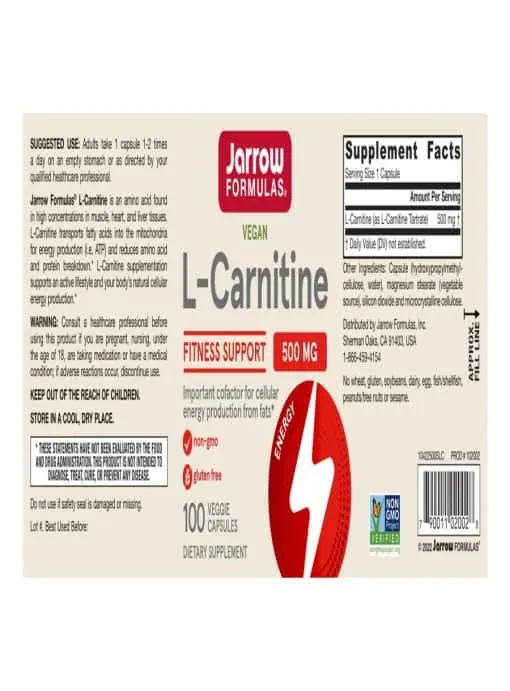 Jarrow Formulas L-Carnitine -- energy production, metabolism support - Back