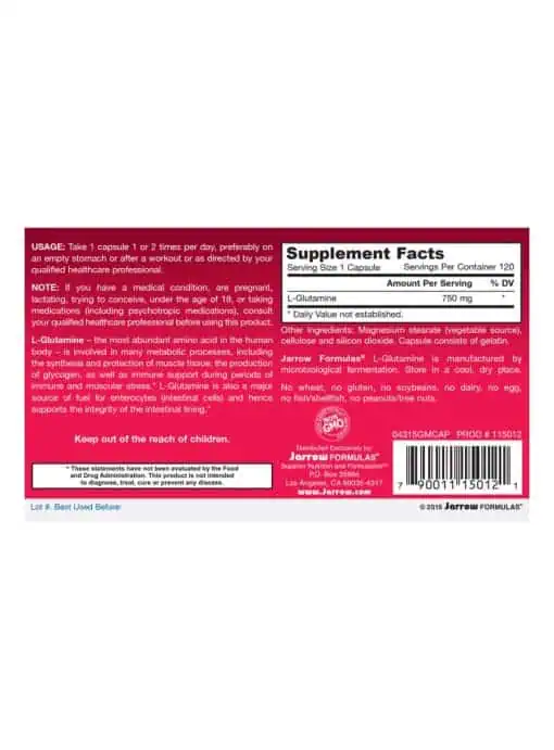 Jarrow Formulas L-Glutamine -- amino acid, muscle support - Back