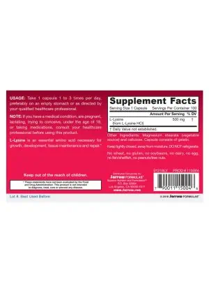 Jarrow Formulas L-Lysine 500mg -- amino acid, protein metabolism - Back