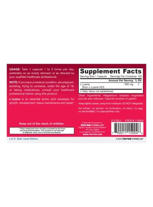 Jarrow Formulas L-Lysine 500mg -- amino acid, protein metabolism - Back