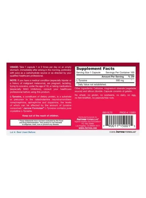 Jarrow Formulas L-Tyrosine 500mg -- brain support, cognitive enhancement - Back