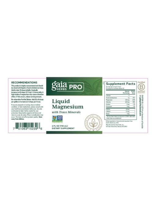 Gaia Herbs Liquid Magnesium — Magnesium supplement, trace minerals - Back
