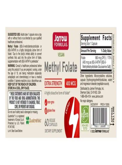 Jarrow Formulas Methyl Folate 400mcg -- folate supplement, bioavailable folate - Back