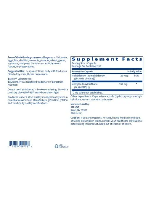 Klaire Labs MSM 750 — Methylsulfonylmethane, Joint Support - Back