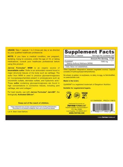 Jarrow Formulas MSM Sulfur 1000mg -- antioxidant mineral, joint support - Back