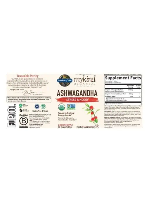 Garden of Life mykind Organics Ashwagandha — stress relief, energy support - Back
