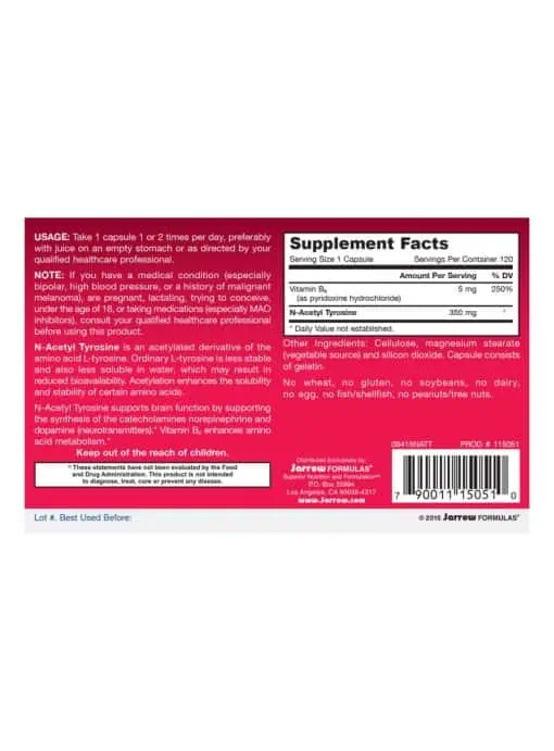 Jarrow Formulas N-Acetyl Tyrosine -- brain function, neurotransmitter support - Back
