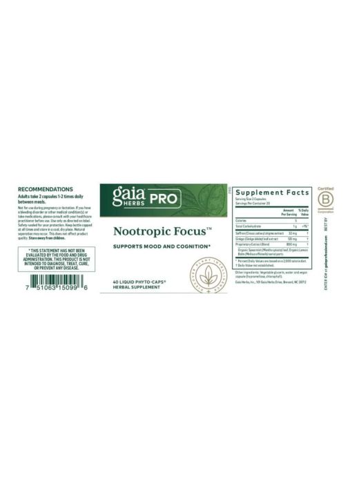 Gaia Herbs Nootropic Focus — Supports Mood and Cognition - Back