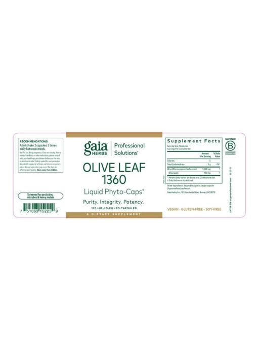 Gaia Herbs Olive Leaf 1360 — Heart Health, Immune Support - Back