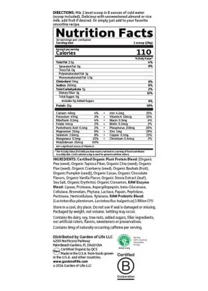 Garden of Life Organic Plant Protein Chocolate Powder -- organic protein, plant-based protein - Back