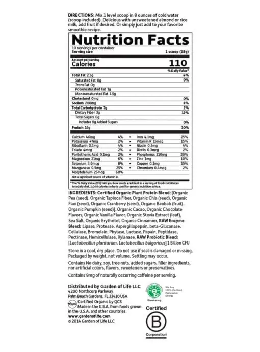 Garden of Life Organic Plant Protein Chocolate Powder -- organic protein, plant-based protein - Back