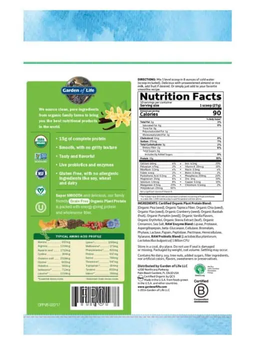 Garden of Life Organic Plant Protein — Vegan Protein, Gluten Free - Back