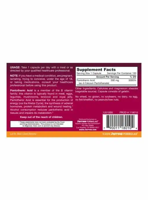 Jarrow Formulas Pantothenic Acid 500mg -- energy production, adrenal support - Back
