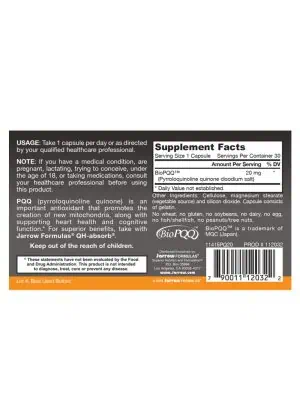 Jarrow Formulas PQQ 20mg -- mitochondrial support, heart health - Back