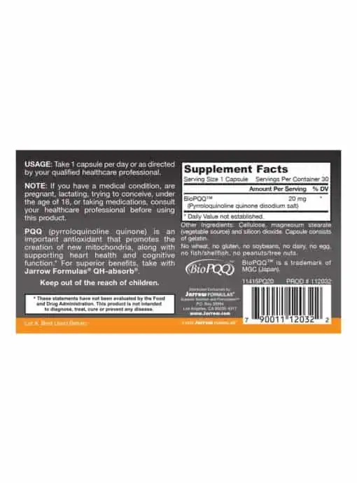 Jarrow Formulas PQQ 20mg -- mitochondrial support, heart health - Back