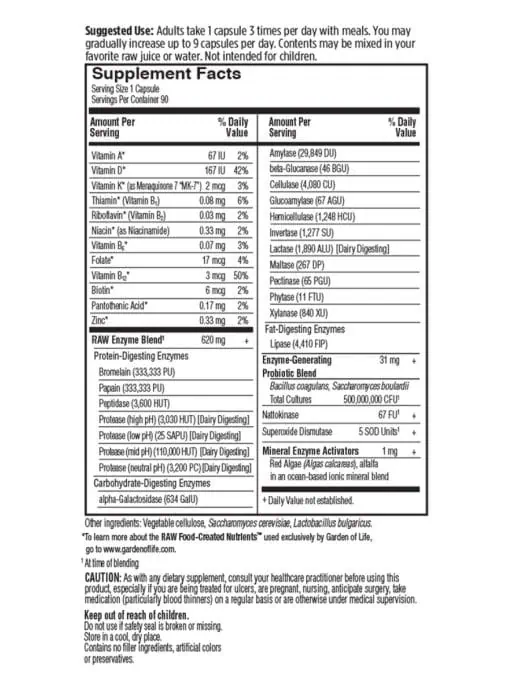 Garden of Life RAW Enzymes Women 50 & Wiser — digestive enzymes, probiotics - Back