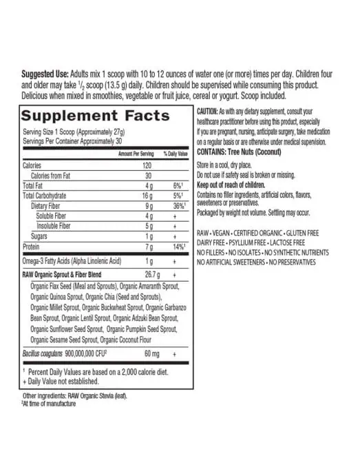 Garden of Life RAW FIBER — organic fiber, digestive health - Back