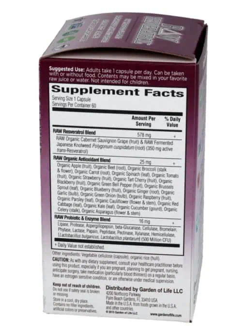 Garden of Life RAW Resveratrol — resveratrol, antioxidant - Back