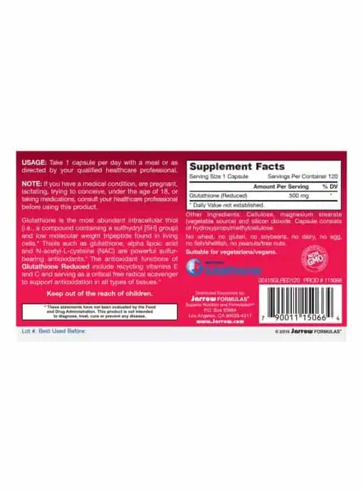 Jarrow Formulas Glutathione Reduced -- antioxidant, intracellular support - Back
