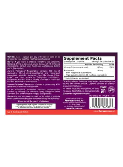 Jarrow Formulas Resveratrol 100mg -- antioxidant support, cardiovascular health - Back