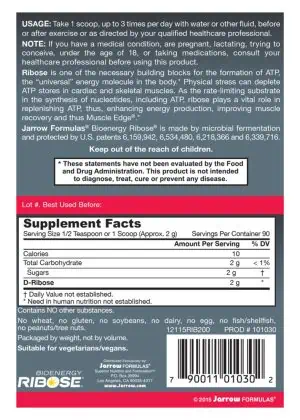 Jarrow Formulas D-Ribose Powder -- energy support, muscle recovery - Back